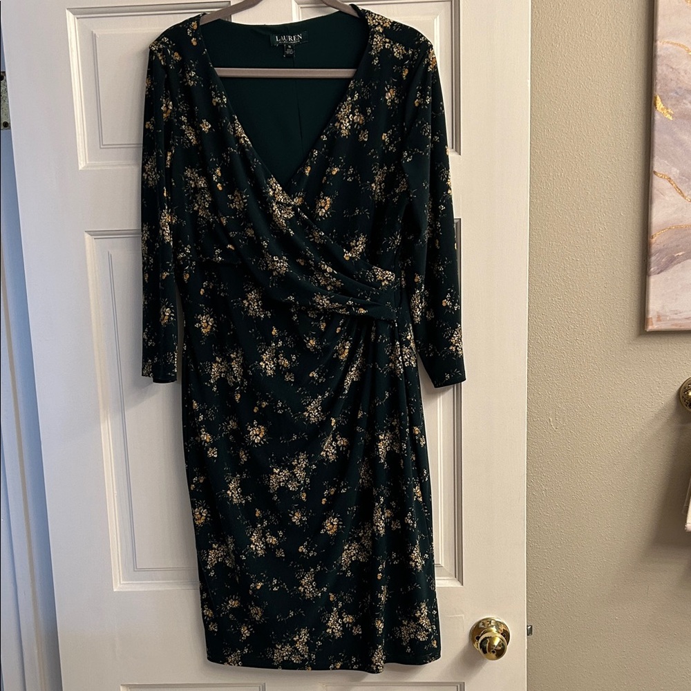 Lauren Ralph Lauren Dark Green Dress with Gold Floral Print